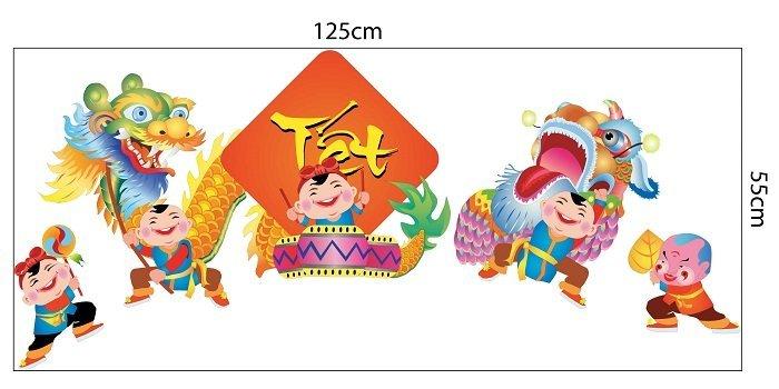 combo decal trang trí tết bé múa lân đón xuân