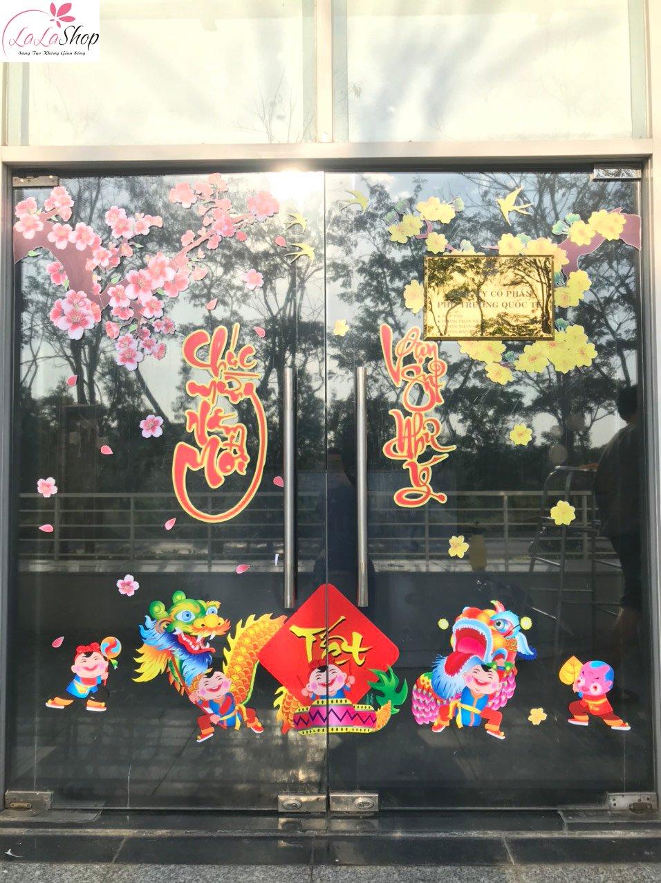 combo decal trang trí tết bé múa lân đón xuân
