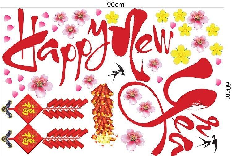 Decal trang trí tết happy new year và pháo đỏ