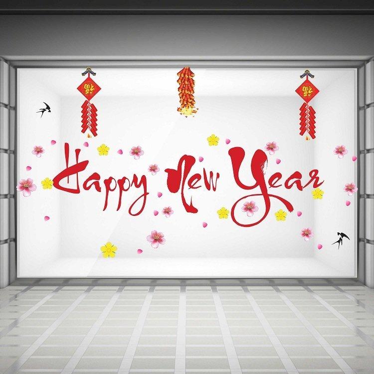 Decal trang trí tết happy new year và pháo đỏ