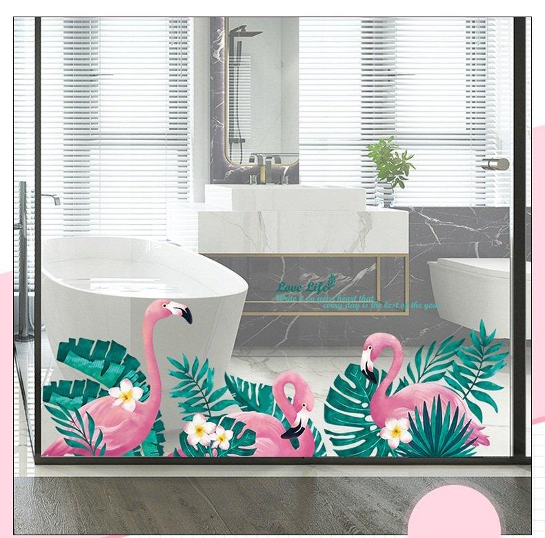 Decal dán tường hồng hạc và lá xanh