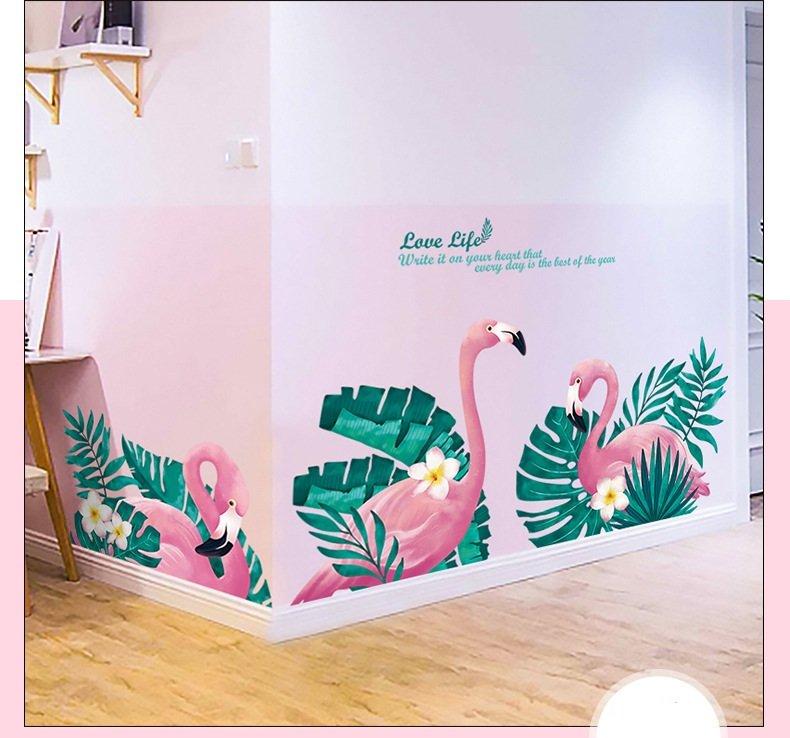 Decal dán tường hồng hạc và lá xanh