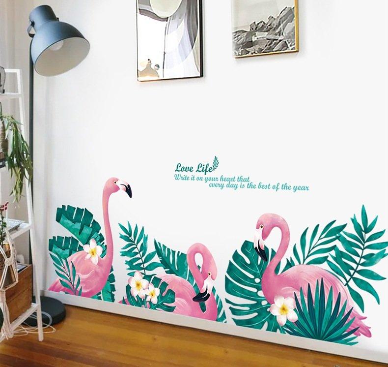 Decal dán tường hồng hạc và lá xanh
