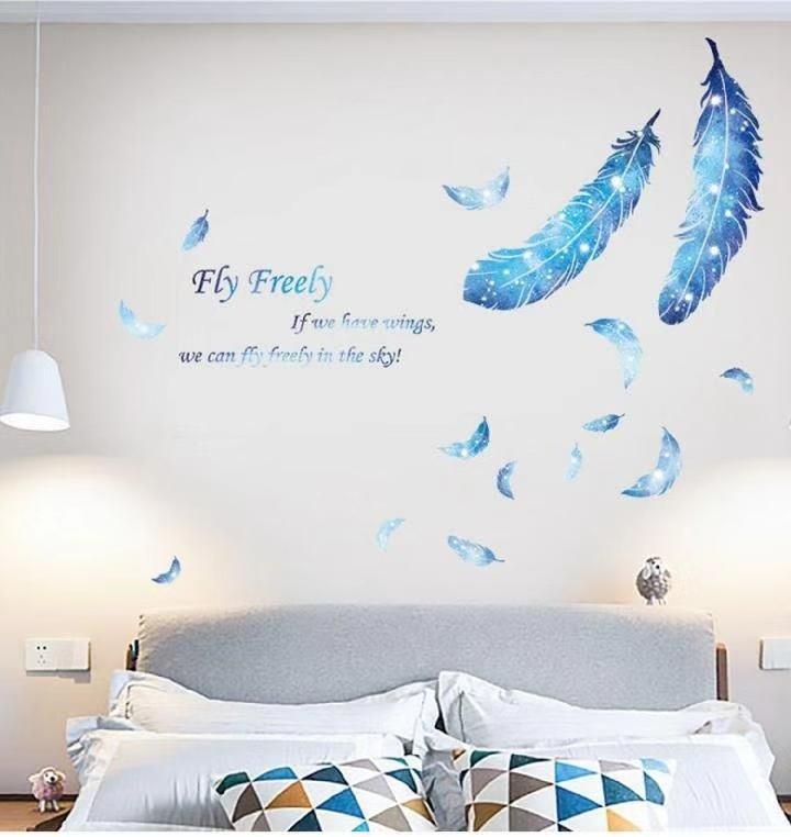 Decal dán tường lông vũ xanh