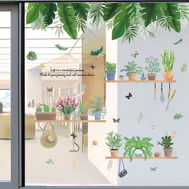 Combo decal dán tường các chậu cây và giàn lá xanh