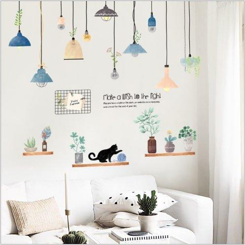 Decal dán tường đèn treo và kệ gỗ