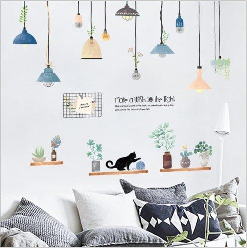 Decal dán tường đèn treo và kệ gỗ