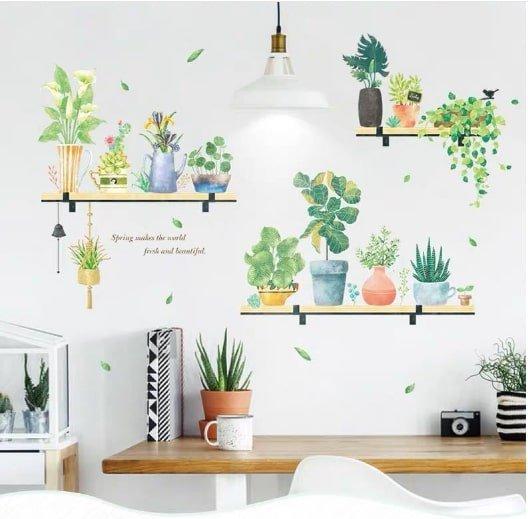 Decal treo tường kệ gỗ và cây xanh
