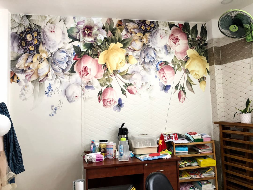 Tranh dán tường đôi công và hoa bằng ngọc 3D
