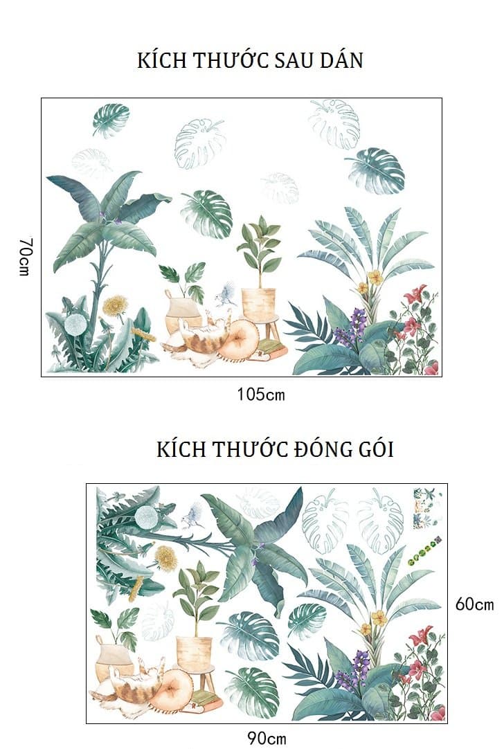 Decal dán tường mèo và lá xanh