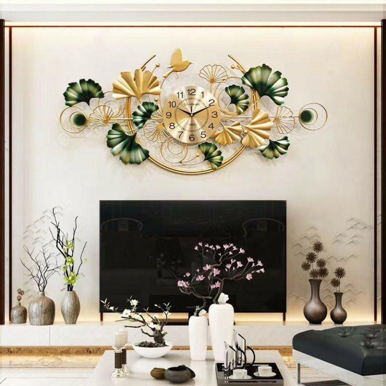 Đồng Hồ Treo Tường Đính Lá Rẻ Quạt Và Chim Vàng