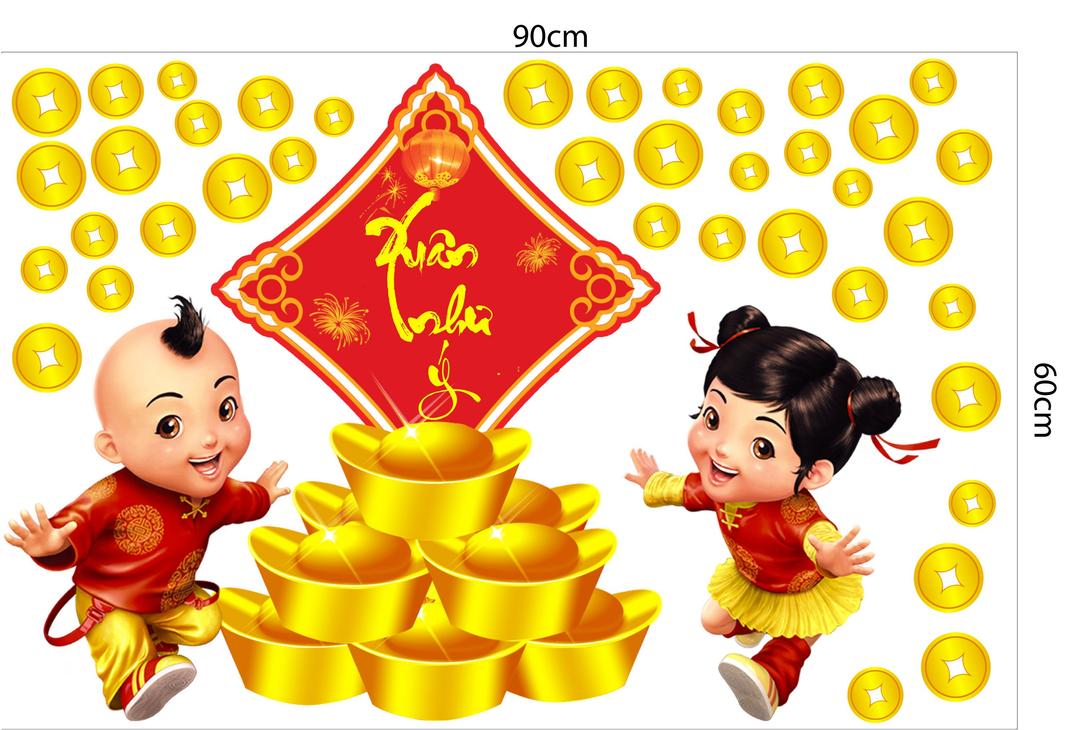 Decal trang trí tết hai đứa trẻ xuân như ý