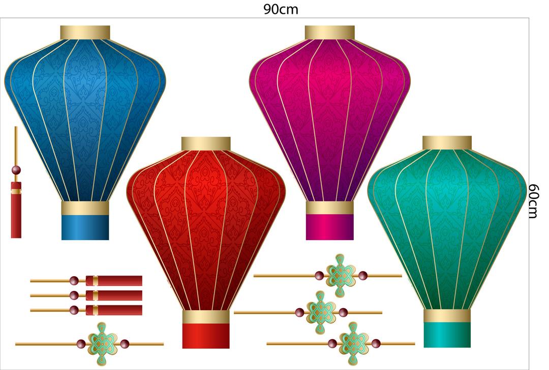 Decal trang trí tết lồng đèn tứ sắc