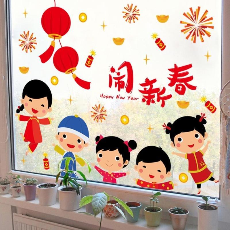 Decal trang trí tết bé và lồng đèn đỏ