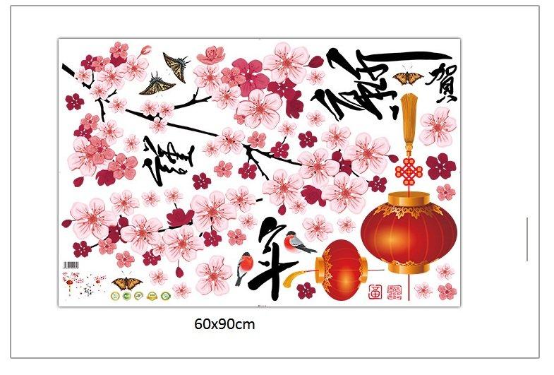 Decal tết cành đào hồng và lồng đèn đỏ