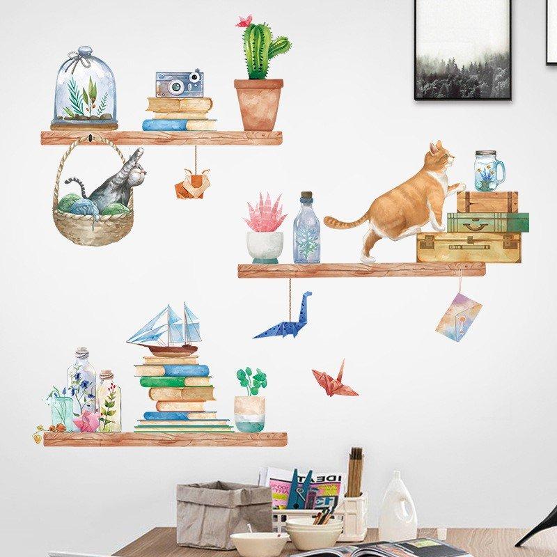 Decal dán tường kệ cây xanh và mèo