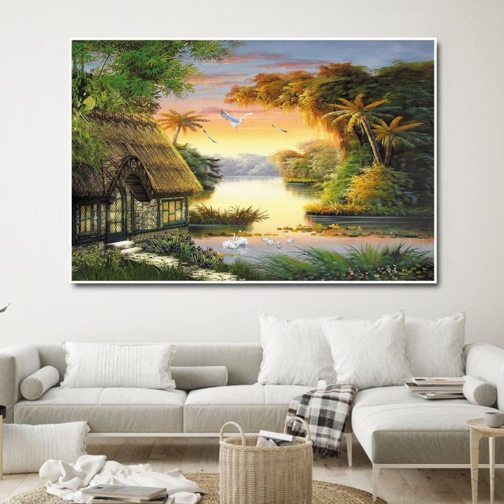 Tranh treo tường hoàng hôn trên sông quê
