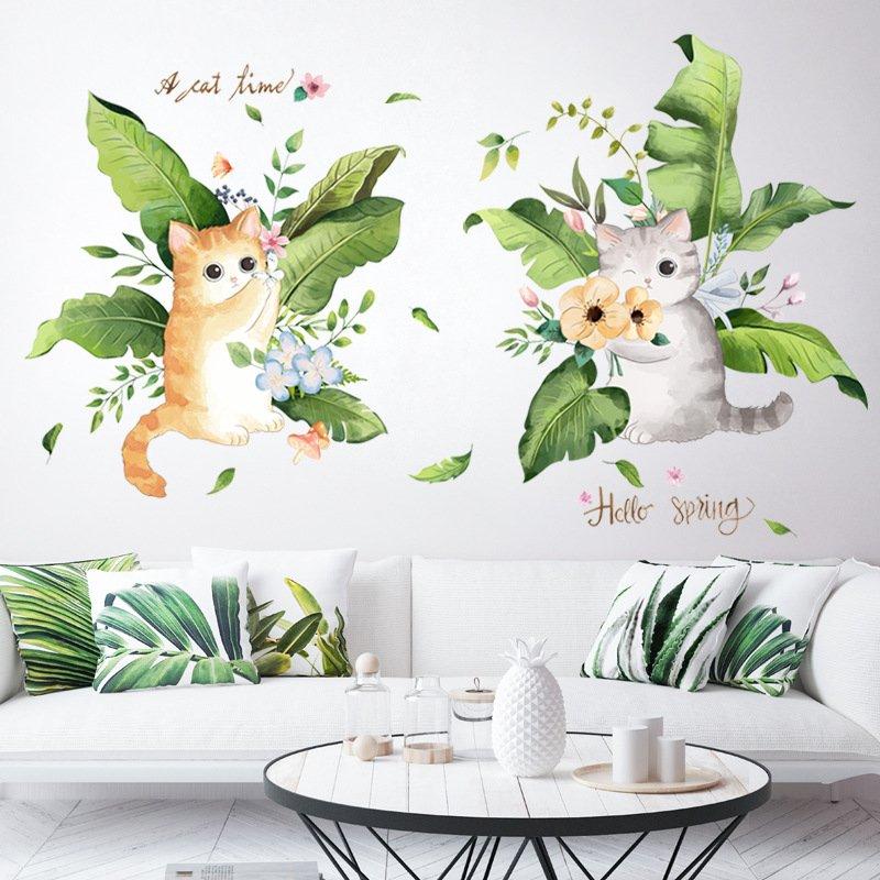 Decal dán tường mèo và bụi hoa