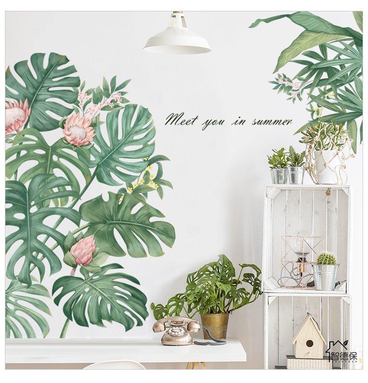 Decal dán tường lá xanh hoa hồng