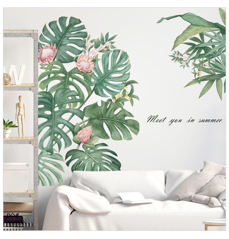 Decal dán tường lá xanh hoa hồng