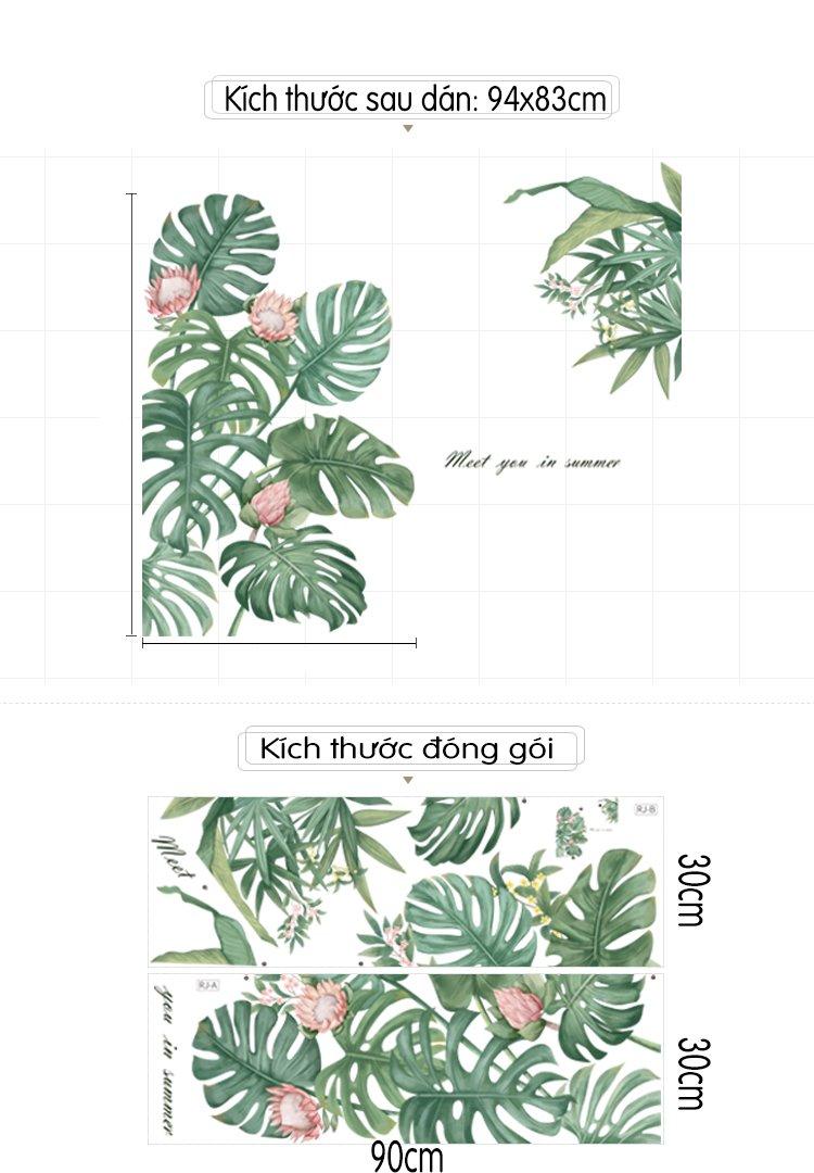 Decal dán tường lá xanh hoa hồng