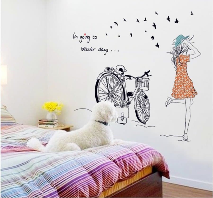 Decal dán tường Combo Hoa bồ công anh đen   Cô gái và xe đạp