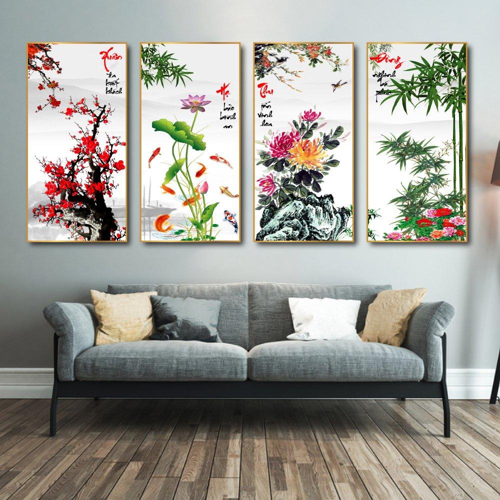 Bộ Tranh Tứ Quý Đào Sen Cúc Trúc