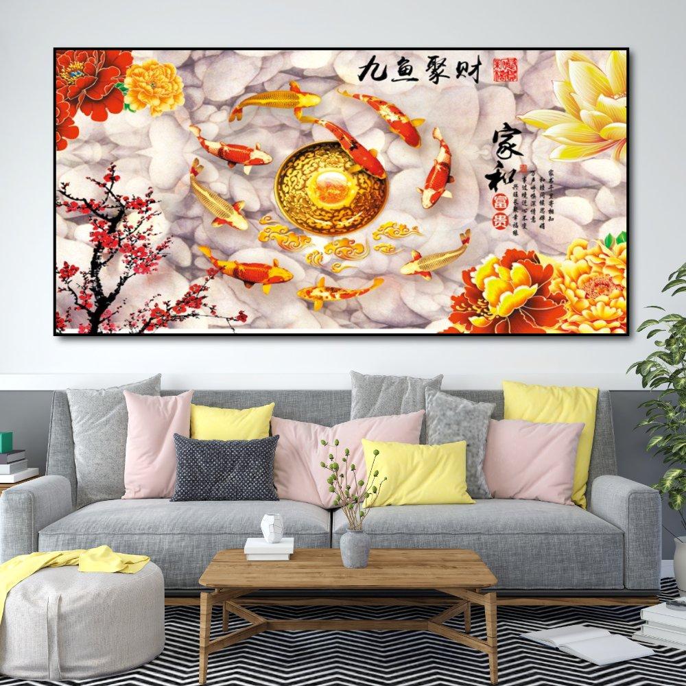 Tranh treo tường cá chép và hoa mẫu đơn 3