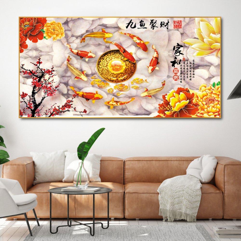 Tranh treo tường cá chép và hoa mẫu đơn 3