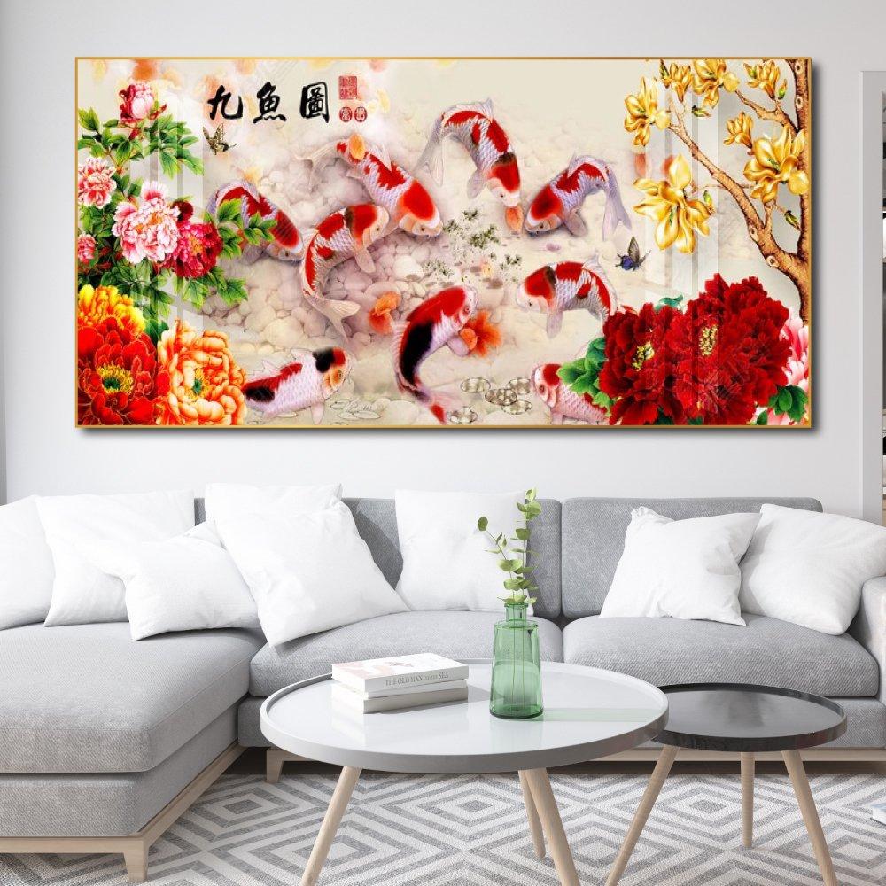 Tranh treo tường cá chép và hoa mẫu đơn