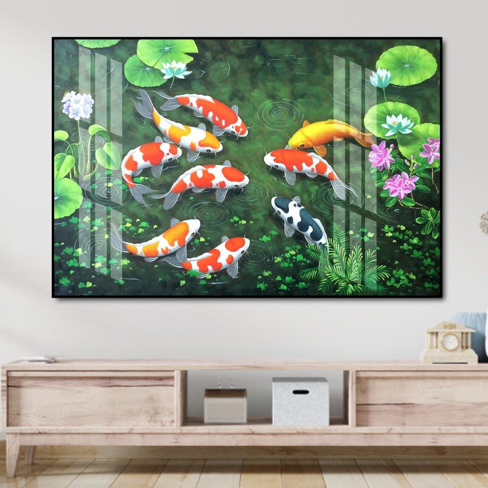 Tranh Treo Tường Cửu Ngư Quần Hội Bên Hoa Mẫu Đơn 3