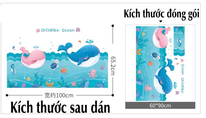 Decal dán tường biển xanh và cá voi