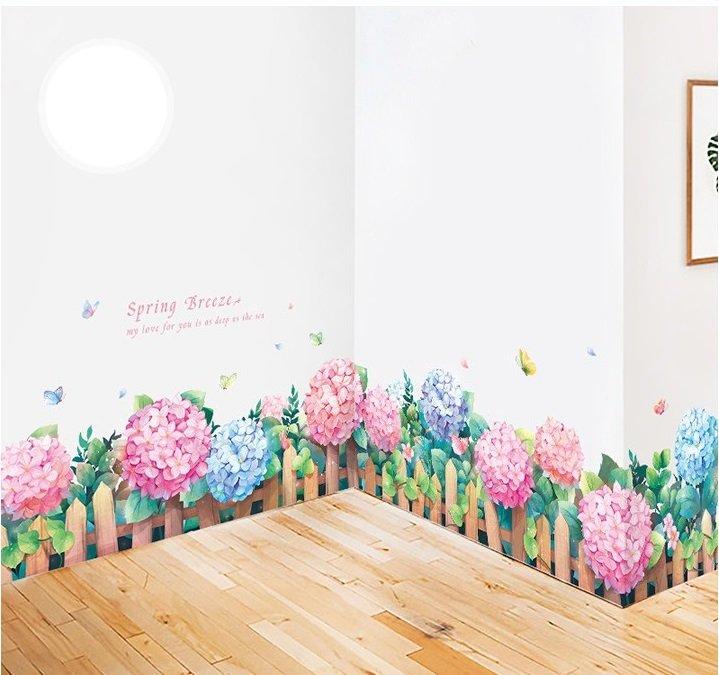 Decal dán tường hàng rào hoa cẩm tú cầu