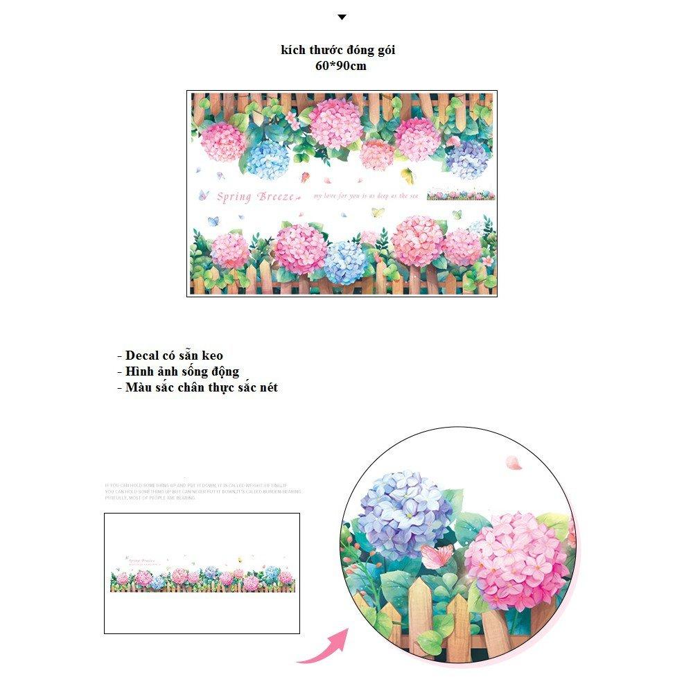 Decal dán tường hàng rào hoa cẩm tú cầu