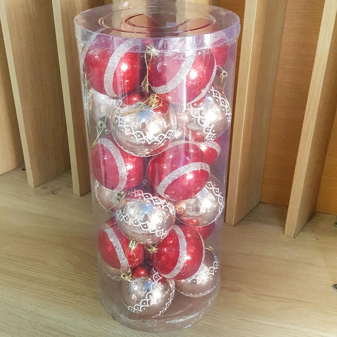 Hộp 24 quả châu màu đỏ bóng họa tiết kim tuyến trang trí noel - 8cm