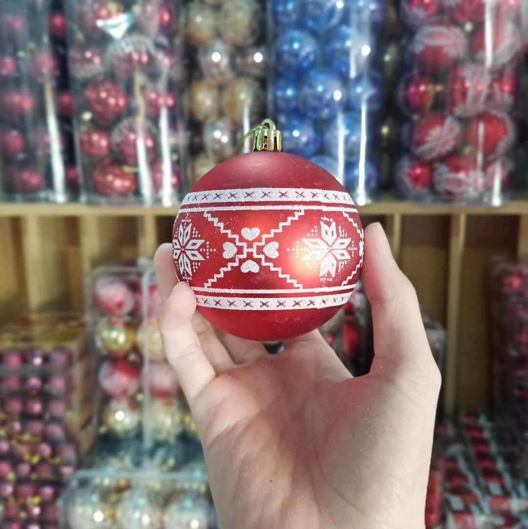 Hộp 24 quả châu màu đỏ bóng họa tiết kim tuyến trang trí noel - 8cm