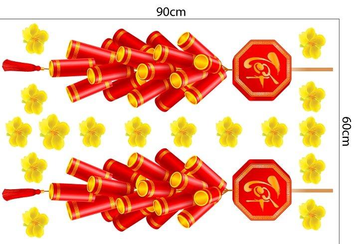 Decal trang trí tết đôi pháo đỏ may mắn