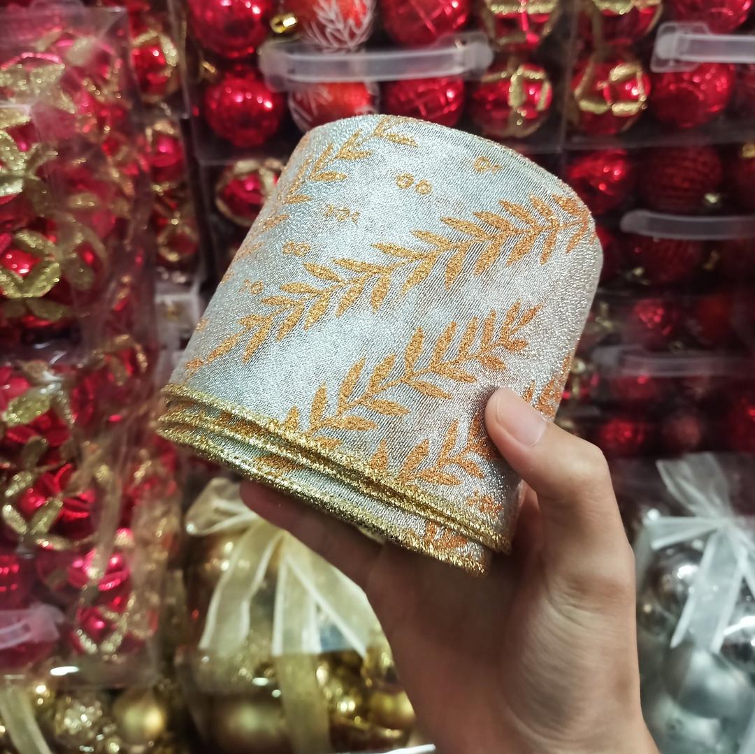 Combo 10m ruy băng họa tiết cành lá vàng trang trí cây thông giáng sinh