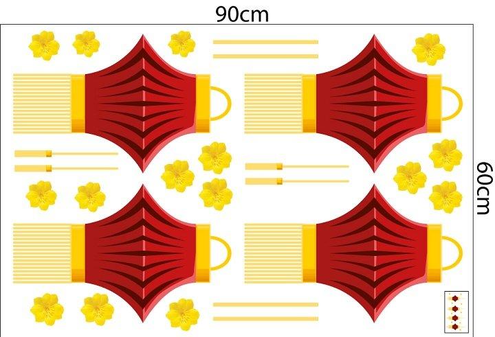 Decal trang trí tết lồng đèn đỏ bên hoa mai vàng
