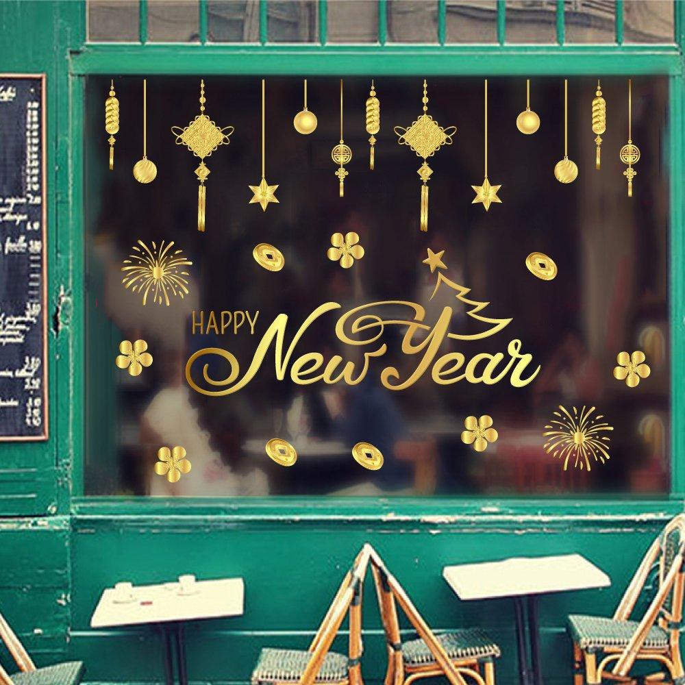 Decal trang trí tết happy new year và họa tiết treo