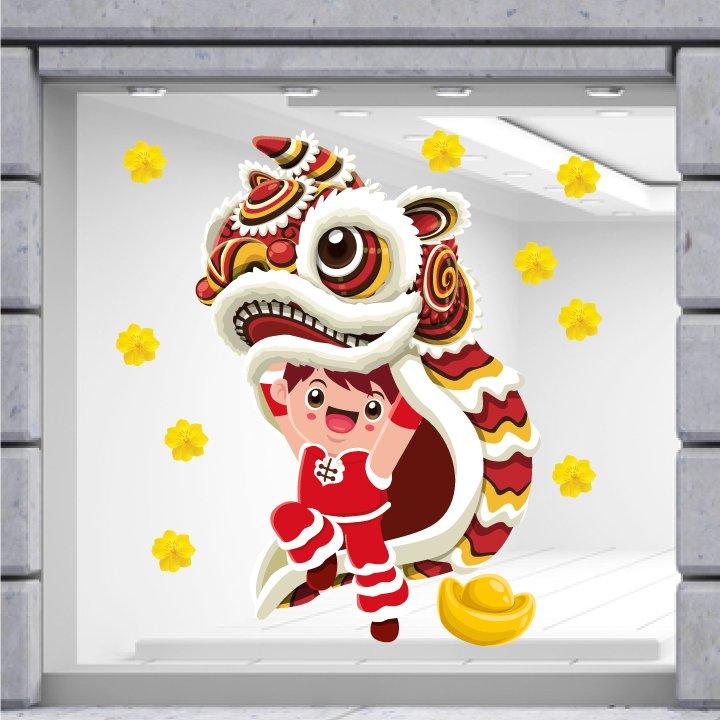 Decal trang trí tết bé múa lân đón xuân mẫu 2