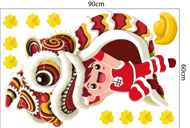 Decal trang trí tết bé múa lân đón xuân mẫu 2
