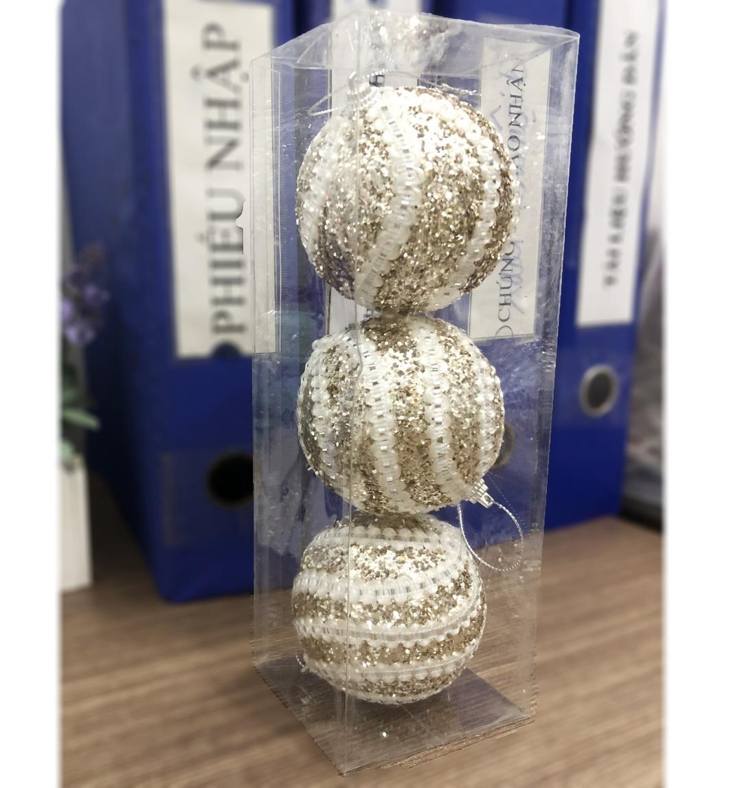 Hộp 3 quả châu 8cm họa tiết kim tuyến lớn trang trí noel