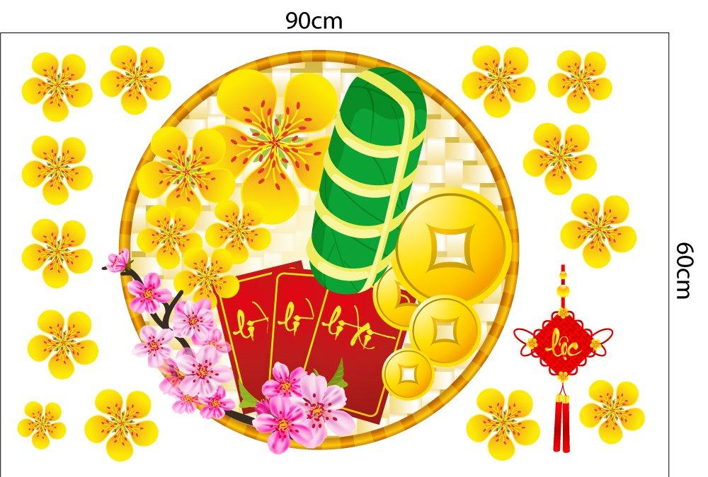 Decal trang trí tết mẹt bánh tét bao lì xì đỏ