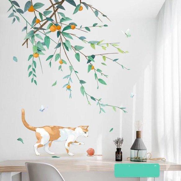 Decal dán tường lá xuân và mèo
