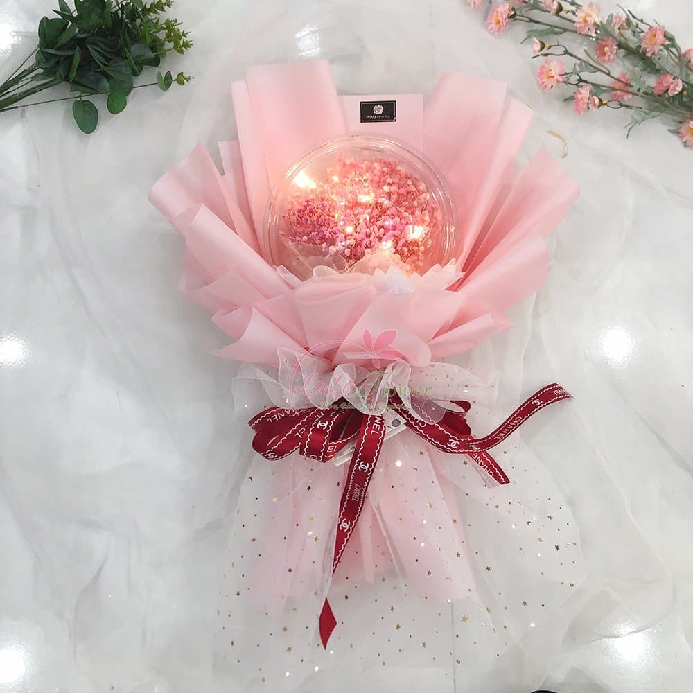Bó hoa baby khô bong bóng kèm đèn led xinh xắn