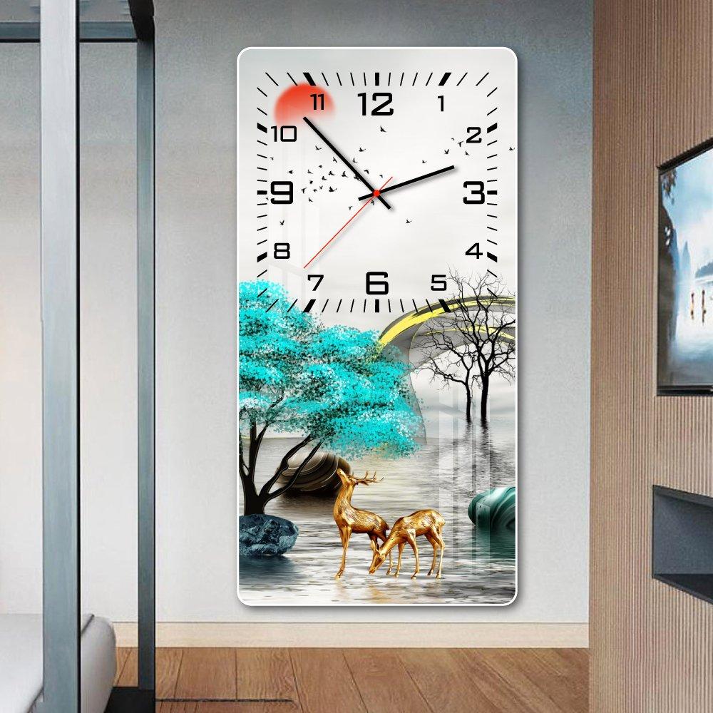 Tranh đồng hồ treo tường tráng gương nai vàng và rừng xanh