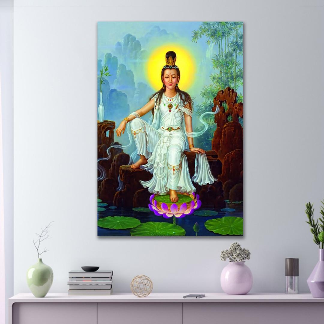Tranh treo tường phật quan âm ngồi giữa hồ sen