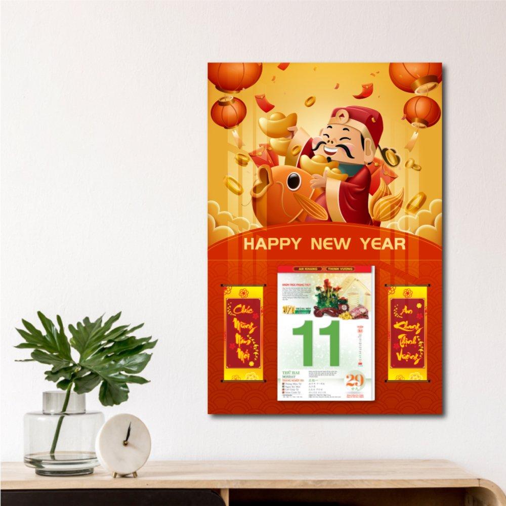 Lịch treo tường happy new year ông thần tài và cá chép 2023