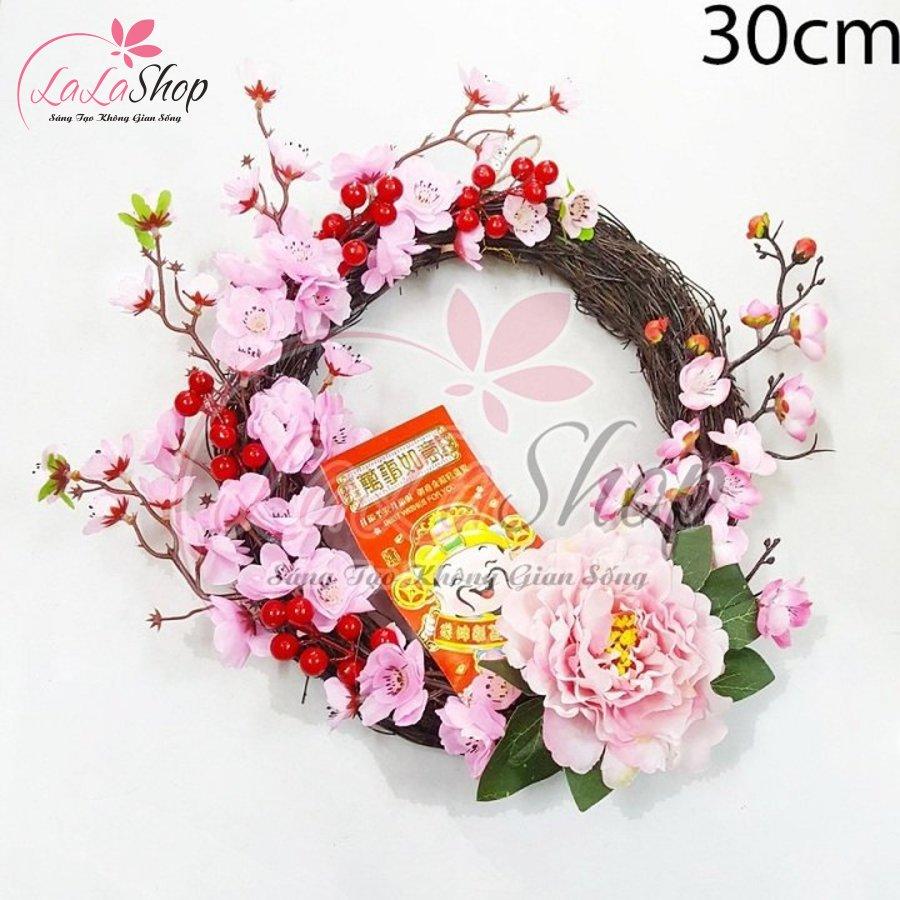 Vòng hoa đào hồng bao lì xì thần tài trang trí tết